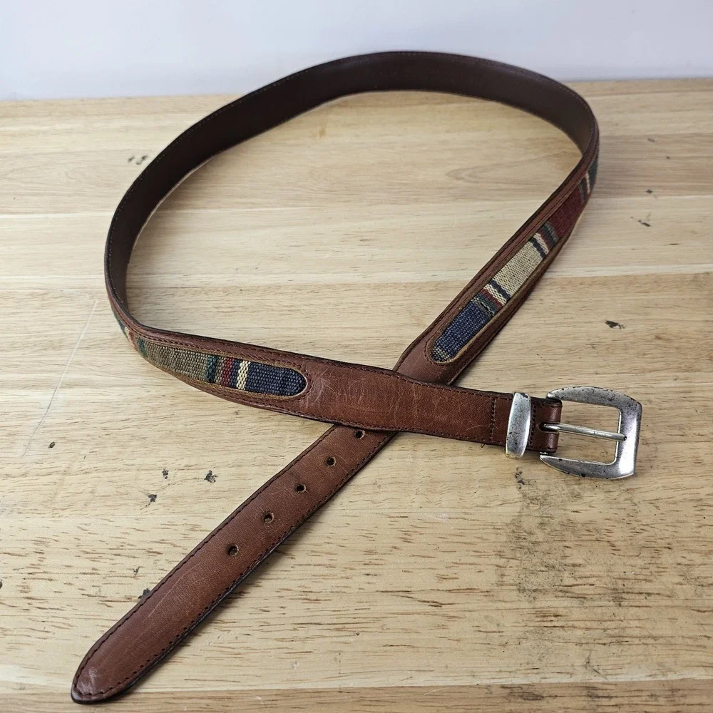 Mens Belt 3868 Sz 42 Brown Leather Southwest Woven Inlay Western Aztec Guatemala